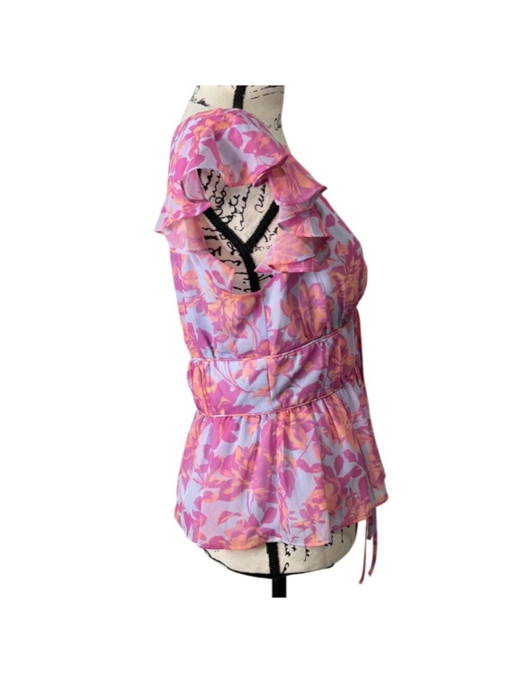 Amanda Uprichard Womens Size M Peplum Top Ruffle-Sleeve Floral Pink Blue Summer - Picture 2 of 7